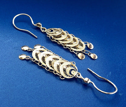 Milor Italy Sterling Silver Filigree Bead Centipede Link Drop Dangle Earrings