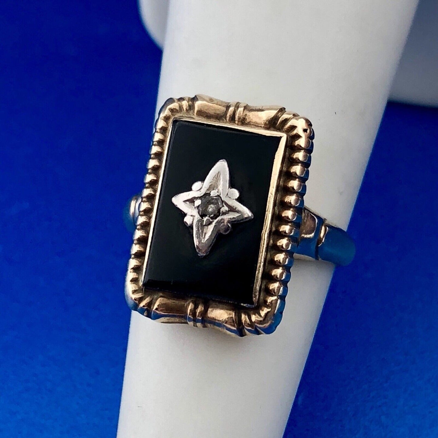 Art Deco Art Nouveau 10K Yellow White Gold Black Onyx Diamond Cocktail Ring