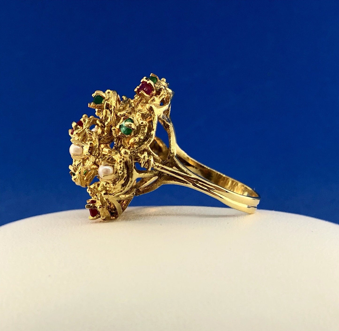 Vintage 18K Yellow Gold Ruby Emerald Pearl Christmas Tiered Dome Cocktail Ring