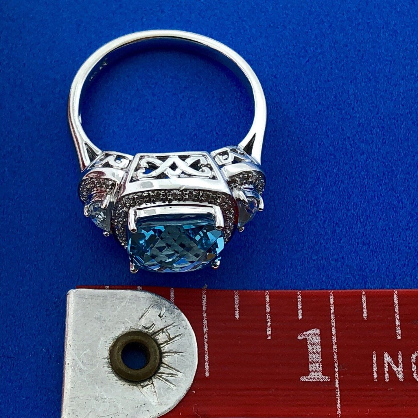 Stunning 14K White Gold Blue Topaz Diamond Aquamarine Accent Statement Ring
