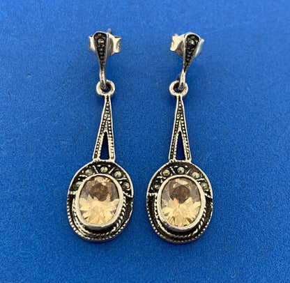 Art Deco Artisan 925 Sterling Silver Citrine Marcasite Drop Dangle Earrings