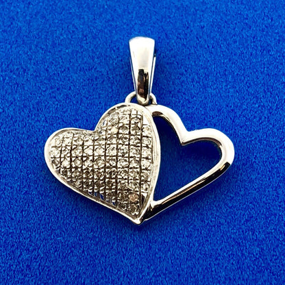 Designer 10K White Gold Diamond Double Heart Sweetheart Promise Charm Pendant