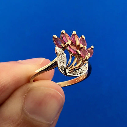 Vintage Designer THL 10K Yellow Gold Pink Spinel Diamond Cluster Cocktail Ring