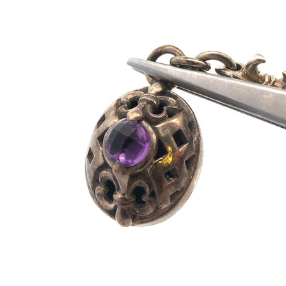 Vintage Designer 925 Sterling Silver Amethyst Fleur De Lis Pendant Necklace