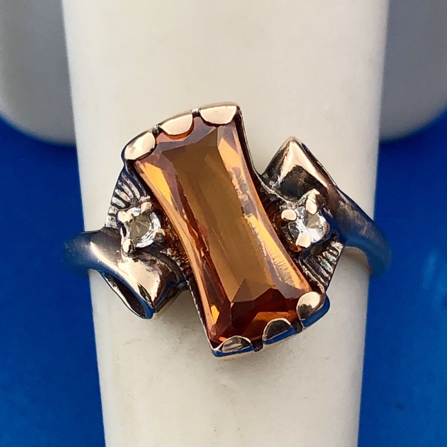 Art Deco Art Nouveau 10K Yellow Gold Citrine Diamond Free Form Bypass Ring