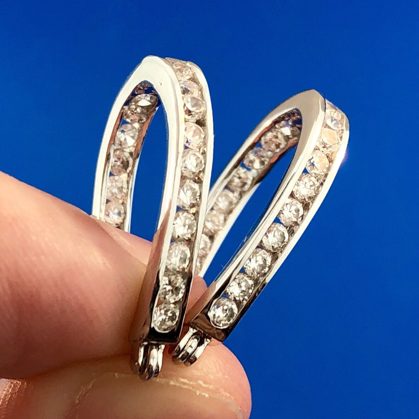 Designer SX Sterling Silver Cubic Zirconia CZ Inside Out Elongated Hoop Earrings