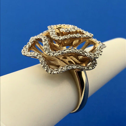 Estate 14K Yellow Gold Diamond Modernist Flower Swirl Statement Cocktail Ring