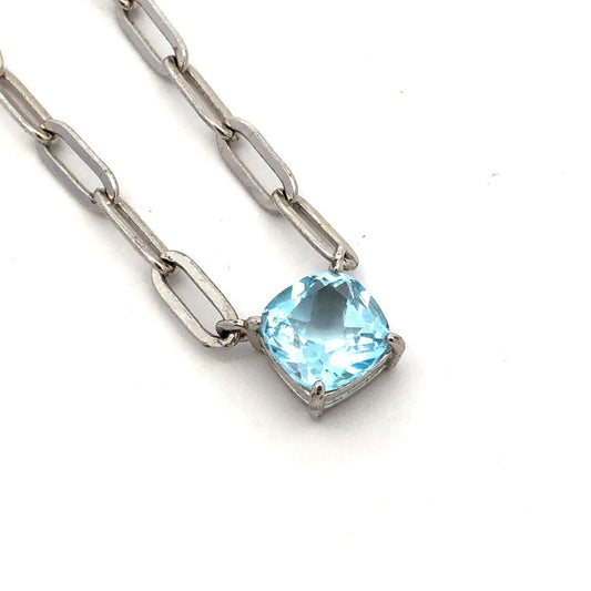 Designer JCL 925 Sterling Silver Cushion Blue Topaz Paperclip Chain Necklace