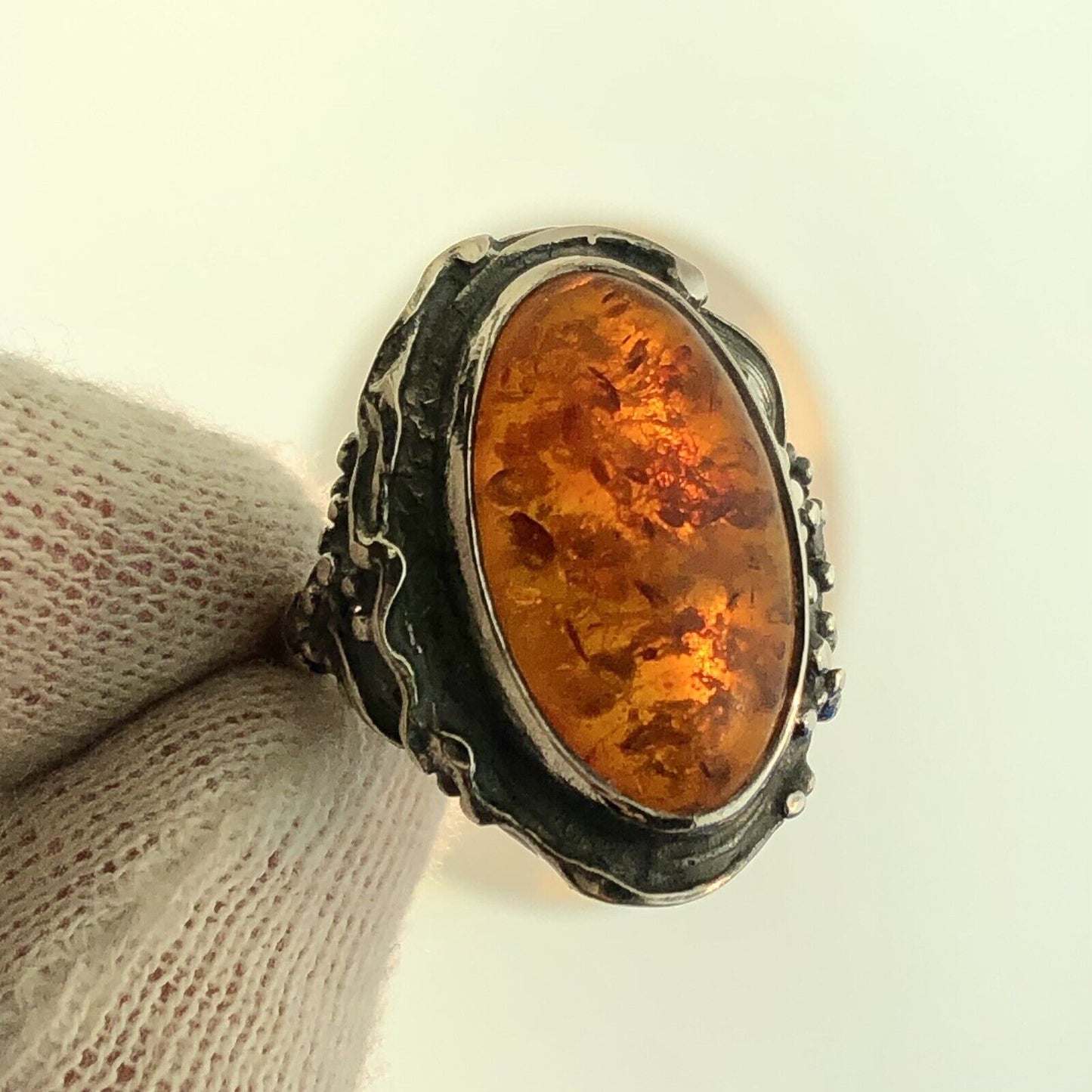 Stunning Sterling Silver 925 Oval Cabochon Amber Floral Finger Ring Size 8.75