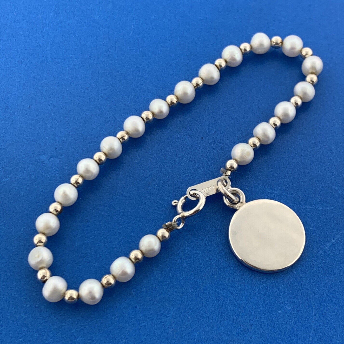 Designer JORDAN Sterling Silver 925 Engraveable  White Pearl 7" Strand Bracelet