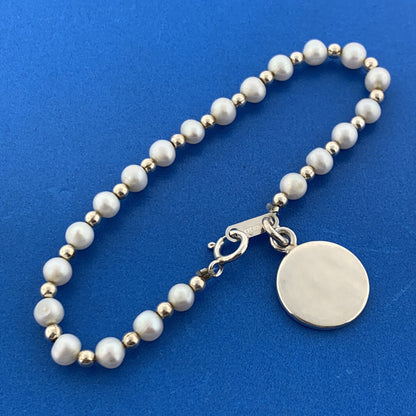 Designer JORDAN Sterling Silver 925 Engraveable  White Pearl 7" Strand Bracelet