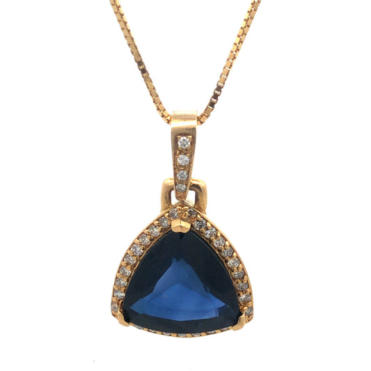 Custom 18K Yellow Gold Large Trillion Cut Lab Created Sapphire Diamond Pendant