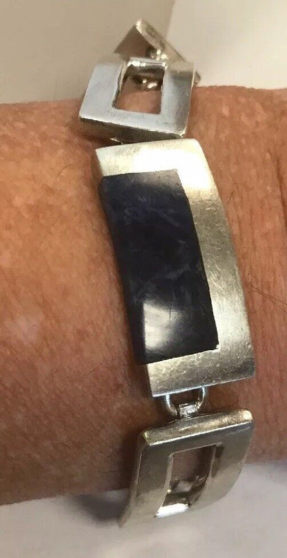Vintage Taxco Mexico Sterling Silver 925 Lapis Lazuli Modernist Panel Bracelet