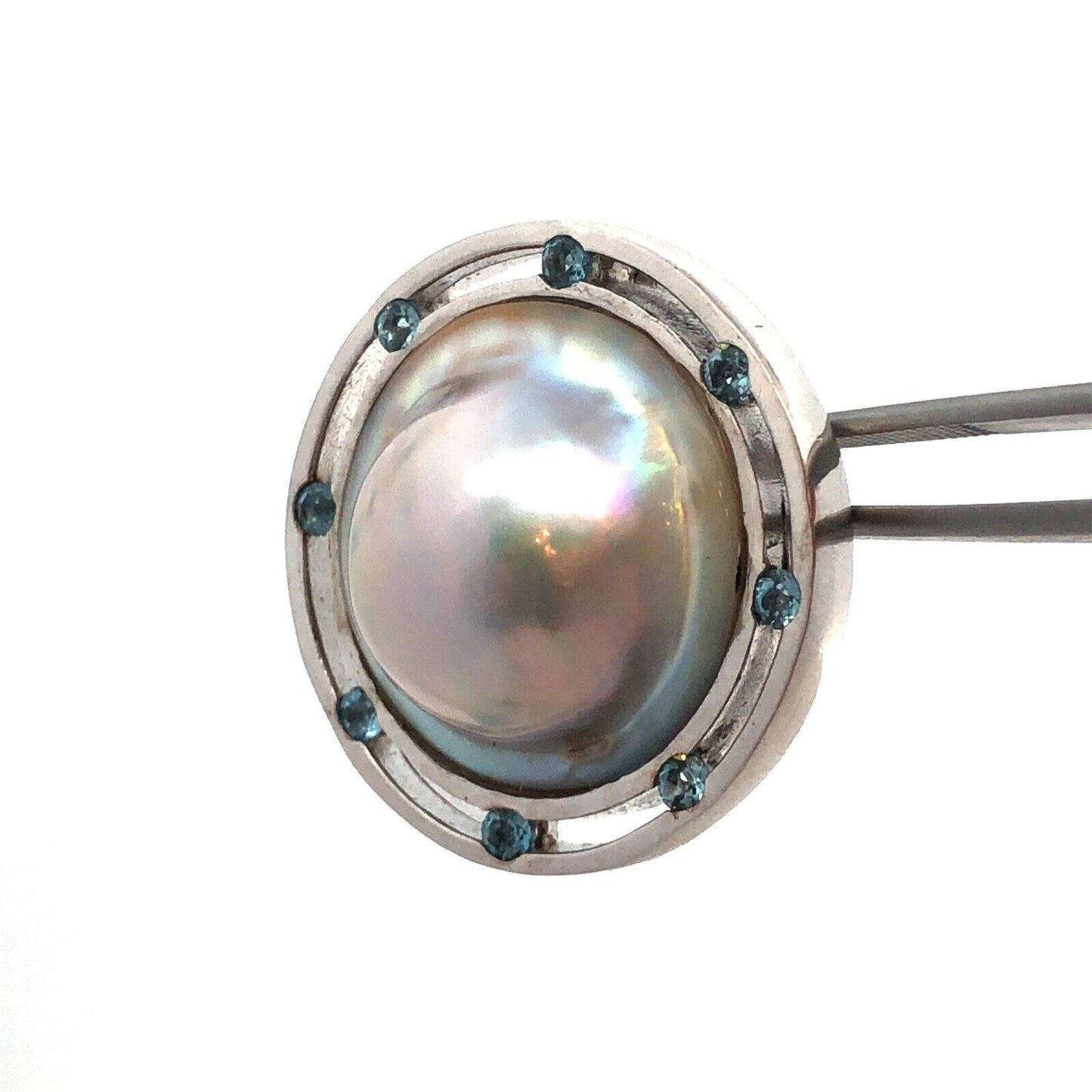 Designer 925 Sterling Silver Mabe Pearl Round Blue Topaz Statement Pendant