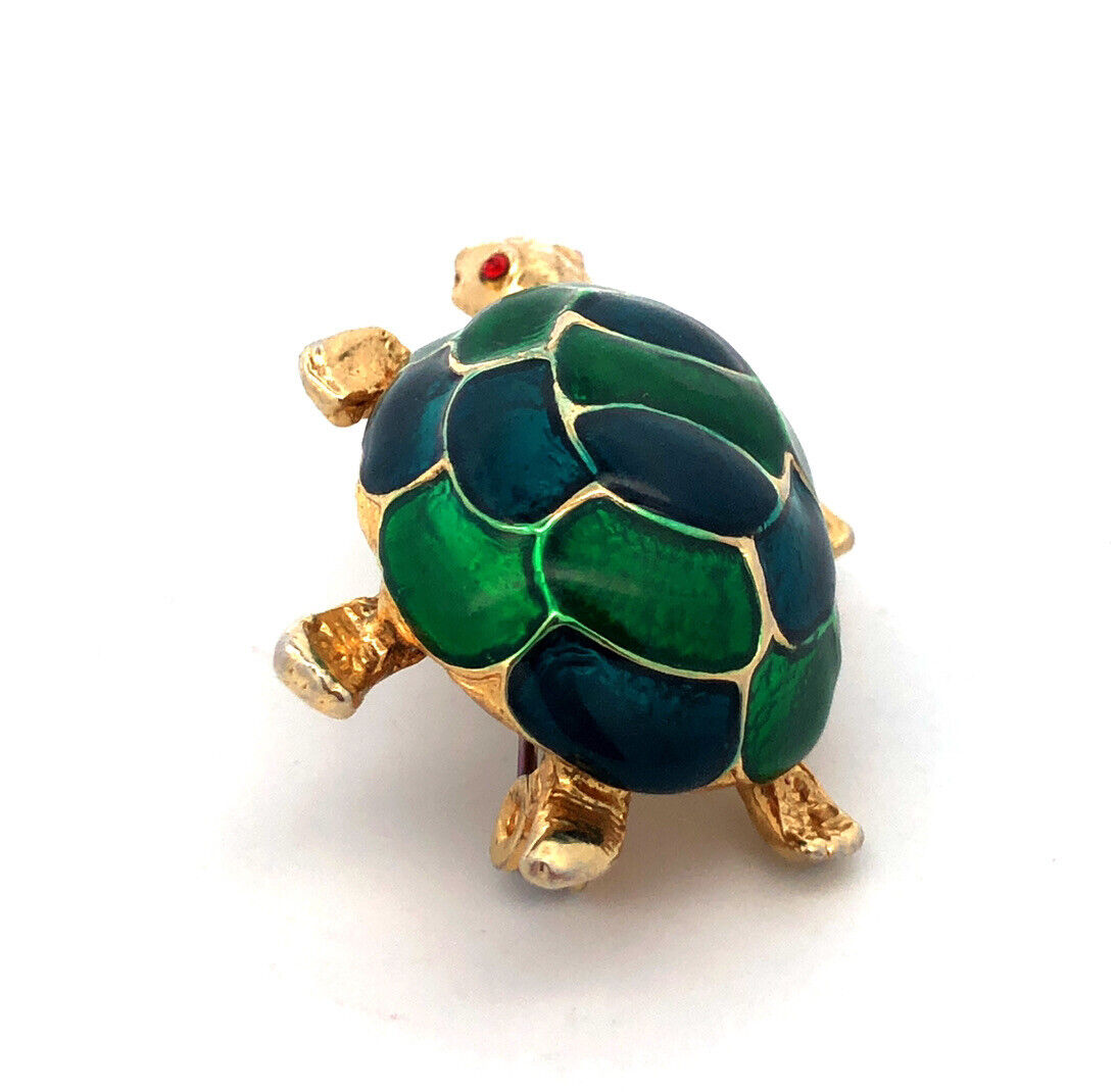 Vibrant Gold Tone Blue Green Enamel Red Rhinestone Turtle Scarf Lapel Pin Brooch