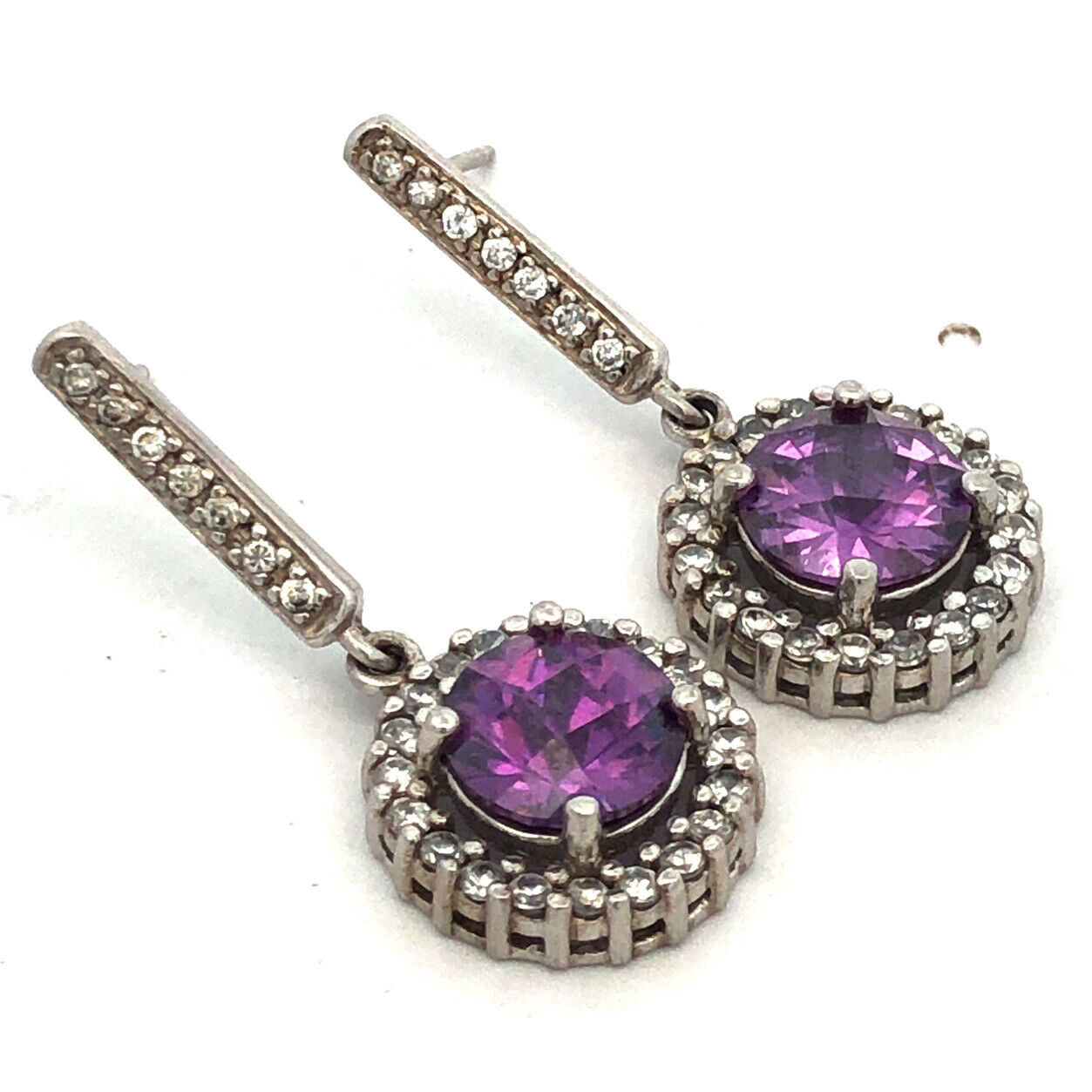 Designer Sterling Silver Round Purple Cubic Zirconia CZ Halo Dangle Earrings