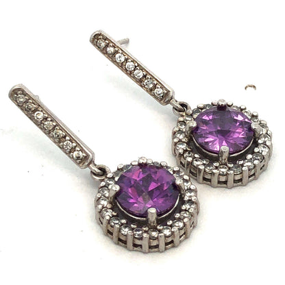 Designer Sterling Silver Round Purple Cubic Zirconia CZ Halo Dangle Earrings
