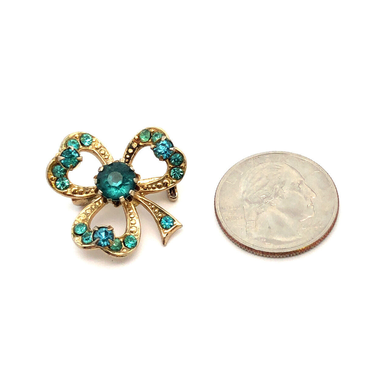 Mid Century CORO Gold Tone Aqua Rhinestone Good Luck 3 Leaf Clover Lapel Brooch