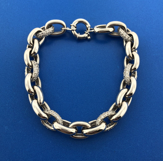 Designer Sterling Silver 925 Heavy Link Cubic Zirconia CZ Statement Bracelet