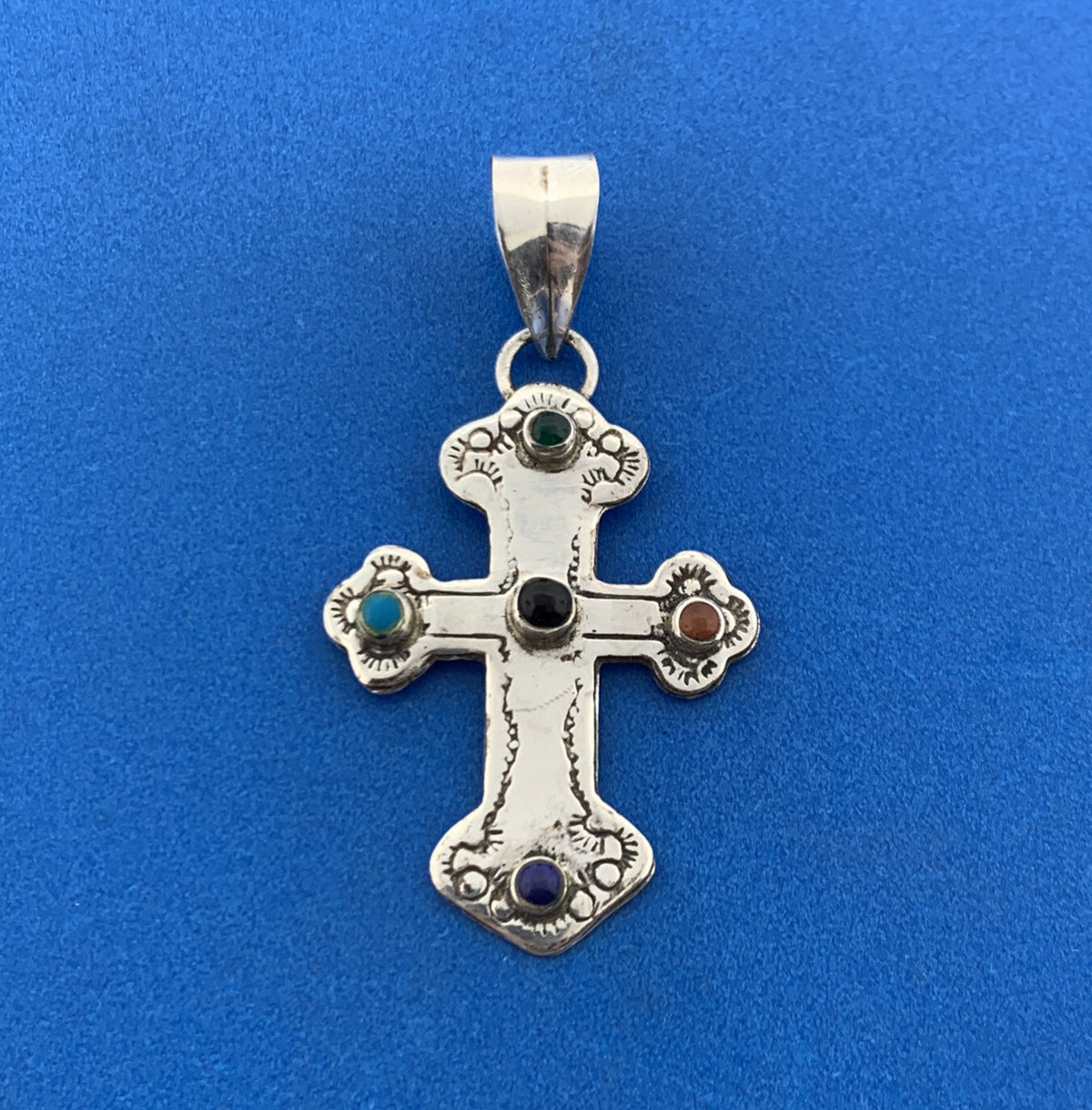 Native American 925 Sterling Silver Concho Style Mixed Gemstone Cross Pendant