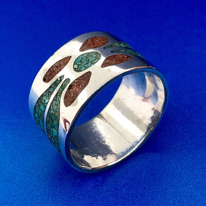 Men's Sterling Silver 925 Turquoise Red Coral Spiderweb Inlay Wide Band Ring