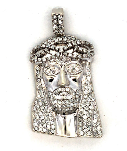 14K White Gold Round Pave Diamond Jesus Christ Face Statement Pendant