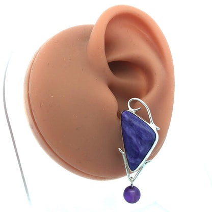 Vintage 925 Sterling Silver Triangle Charoite Amethyst Statement Stud Earrings