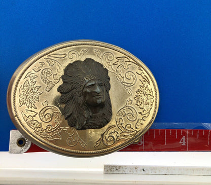Vintage Brass Bronze Two Tone Scroll 3 Dimensional Indian Head Oval Belt Buckle
