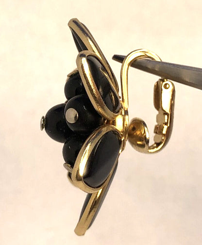 Designer Coro Gold-Tone Black Enamel Flower Statement Clip-on Stud Earrings