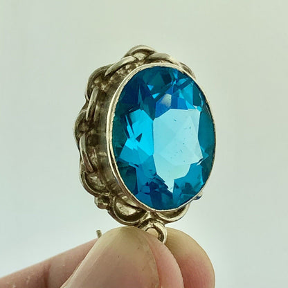 Vintage Sterling Silver Ocean Blue Cubic Zirconia Oval Scroll Statement Earrings