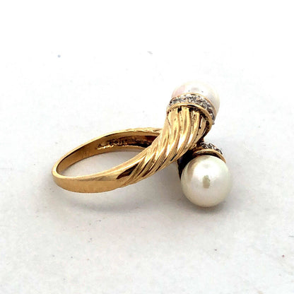 Designer H 14K Yellow Gold Round Pearl Diamond Twist Textured Bypass Ring