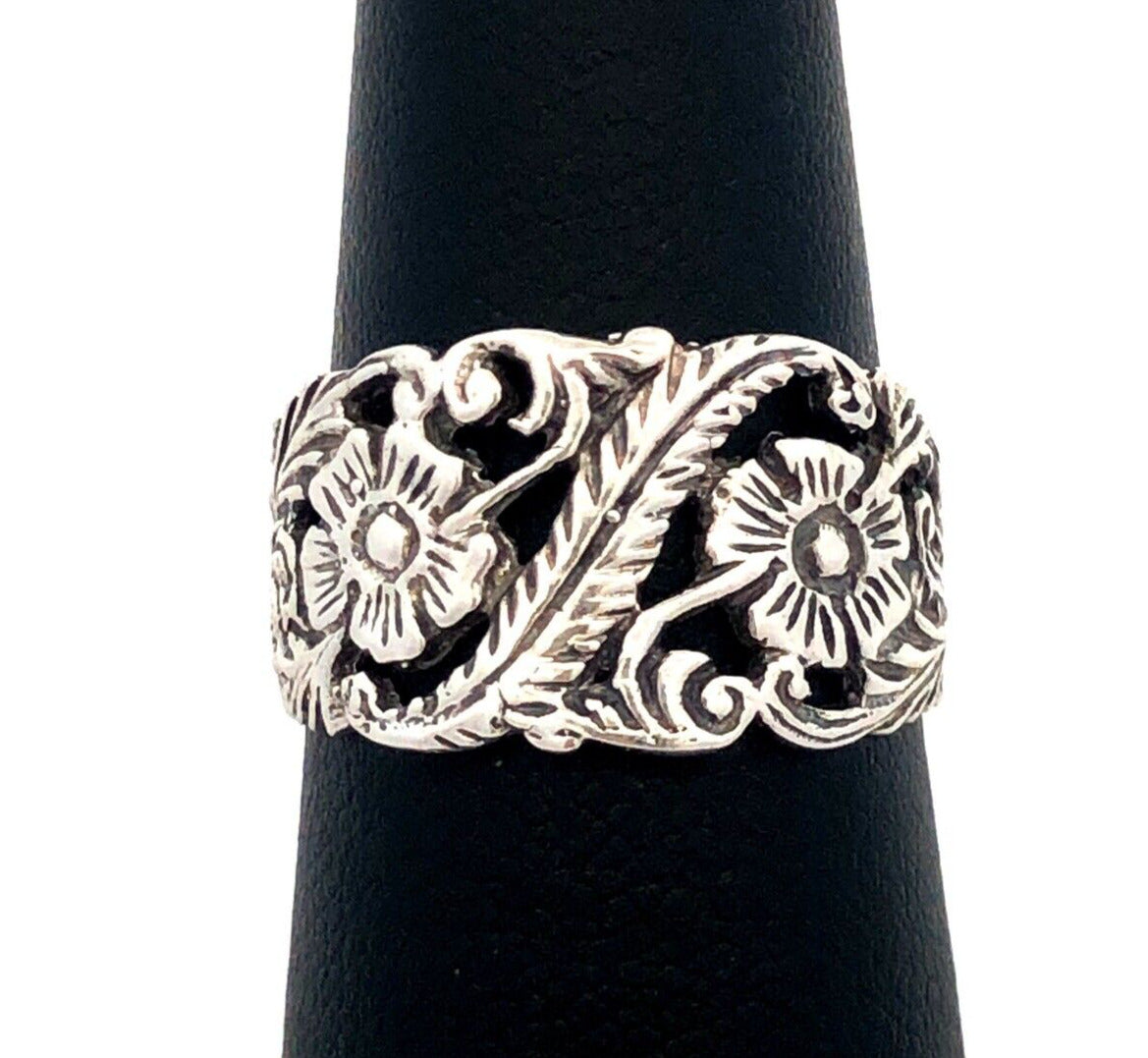 Estate 925 Sterling Silver Floral Flower Vines Nature Open Work Wide Band Ring