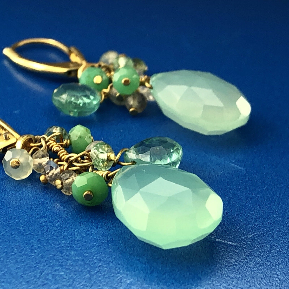 India Sterling Silver Vermeil Green Blue Opalescent Beads Drop Dangle Earrings