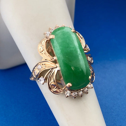 Retro 18K Yellow Gold Jade Jadeite Cabochon Cubic Zirconia Accent Cocktail Ring