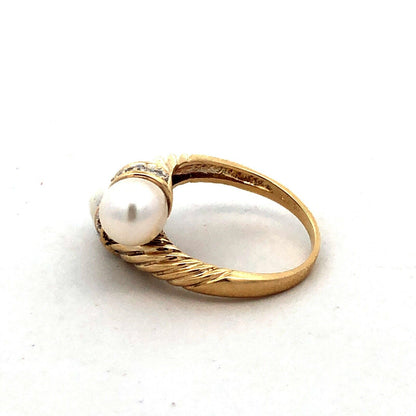 Designer H 14K Yellow Gold Round Pearl Diamond Twist Textured Bypass Ring