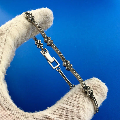 Designer LCP Sterling Silver 925 Marcasite Encrusted Panel Link Bracelet