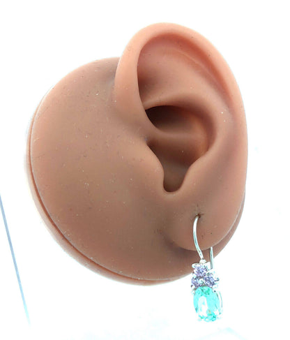 Designer HAN 925 Sterling Silver Oval Aquamarine Pink CZ Dangle Hook Earrings