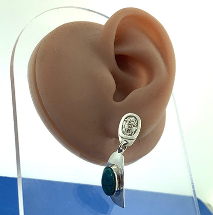 Turquoise Cabochon 950 Fine Silver Alpaca Design Dangle Drop Stud Earrings