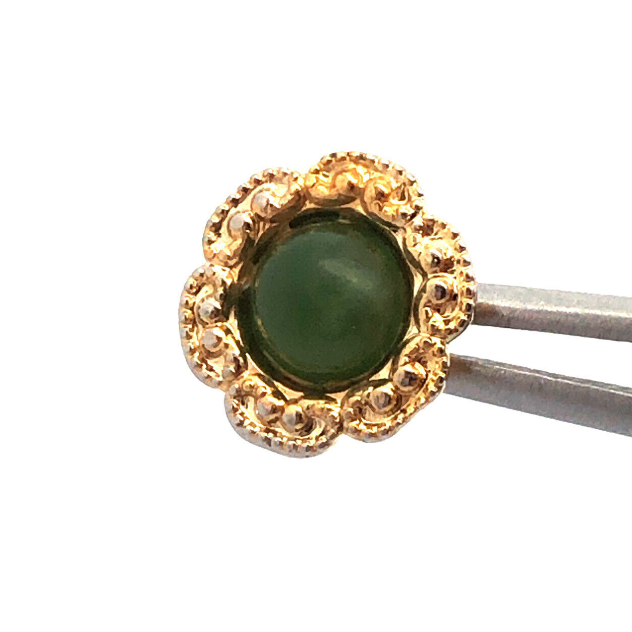 Vintage 14K Yellow Gold Round Cabochon Jade Flower Shaped Stud Earrings