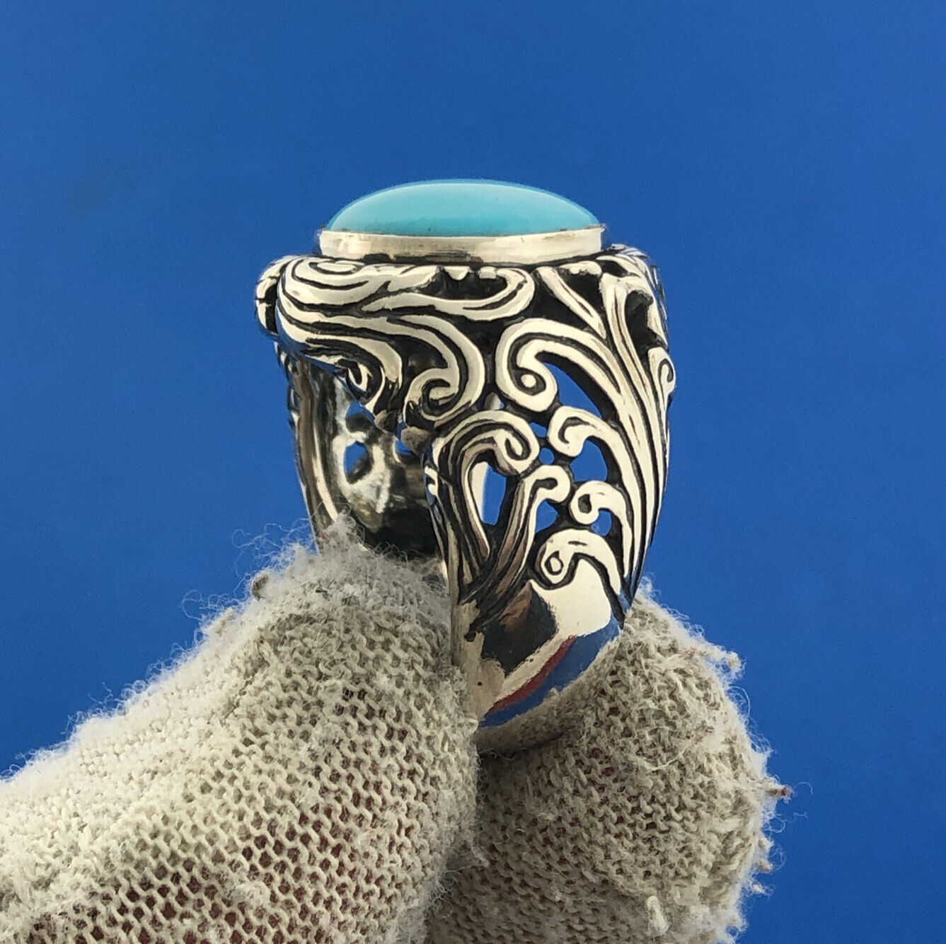 Carolyn Pollack Sterling Silver 925 Cabochon Sky Blue Turquoise Wave Ring Size 6