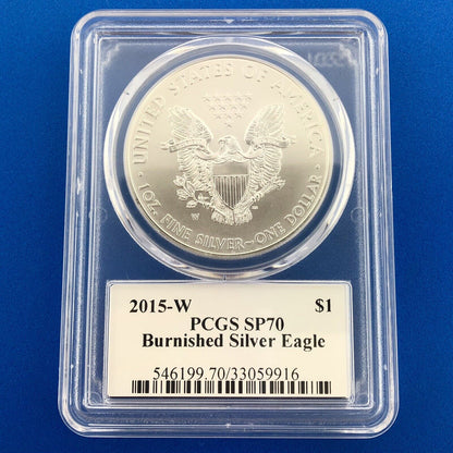 2015 W Burnished 1 Oz American Silver Eagle John Mercanti Label PCGS SP70