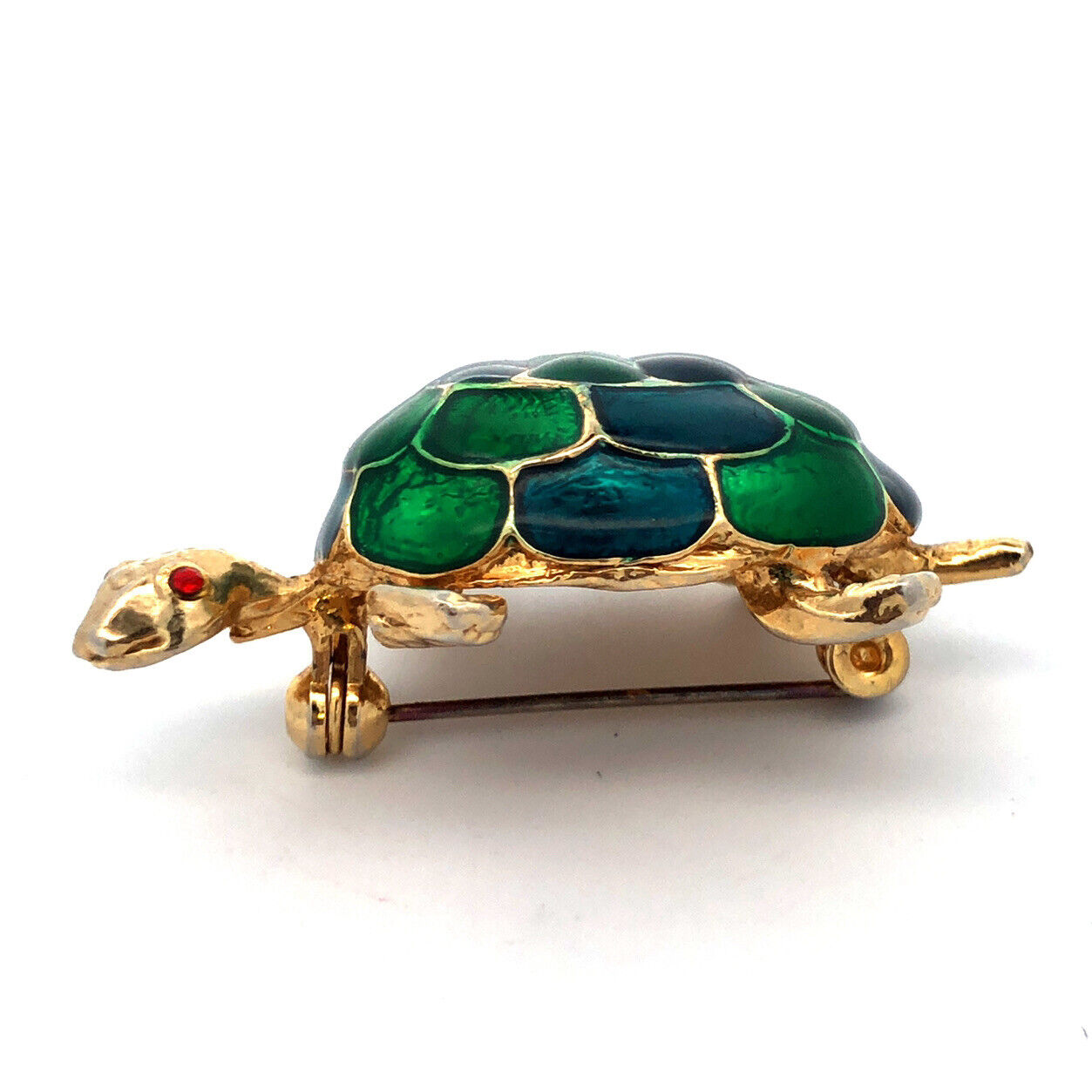 Vibrant Gold Tone Blue Green Enamel Red Rhinestone Turtle Scarf Lapel Pin Brooch