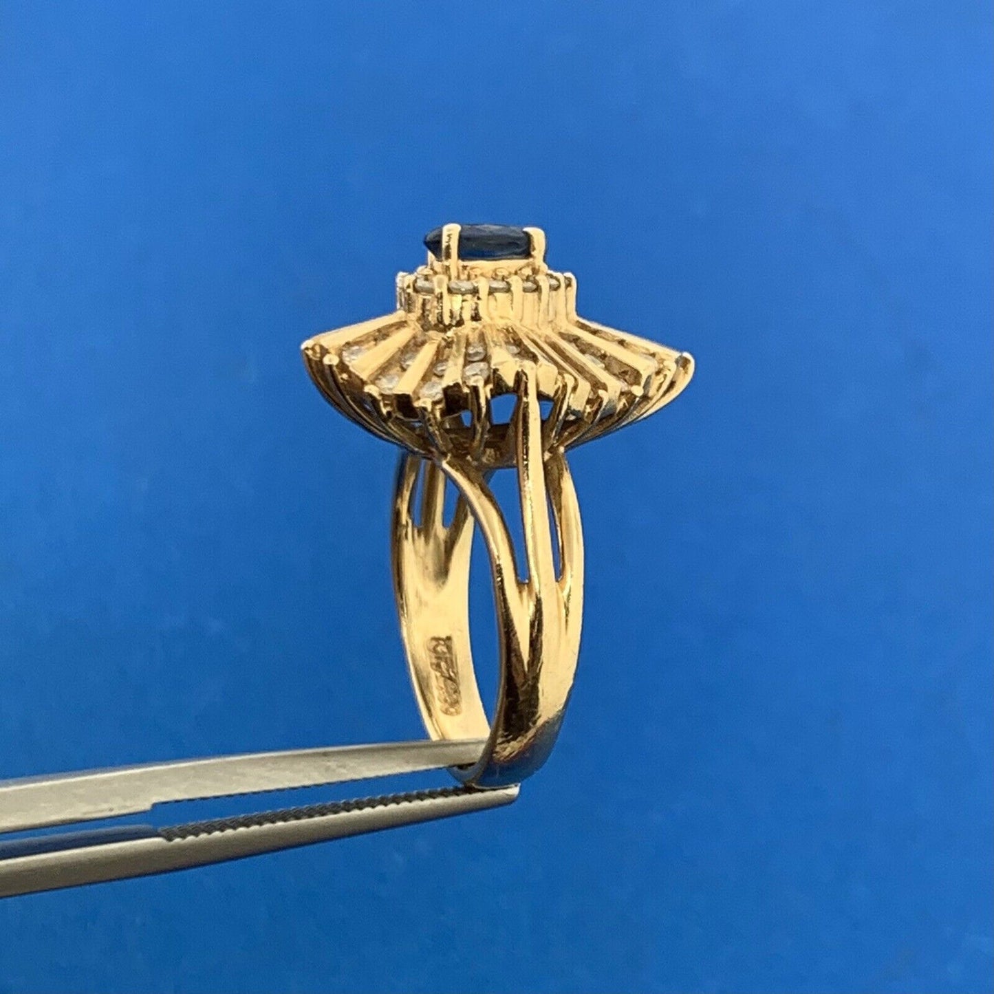 Designer 14K Yellow Gold Sapphire Diamond Cluster Statement Cocktail Ring