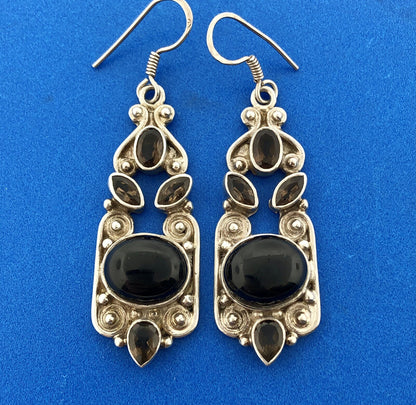 Retro 925 Sterling Silver Black Onyx Smoky Quartz Bead Scroll Dangle Earrings