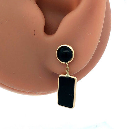 14K Yellow Gold Designer Round Rectangle Black Onyx Dangle Stud Earrings