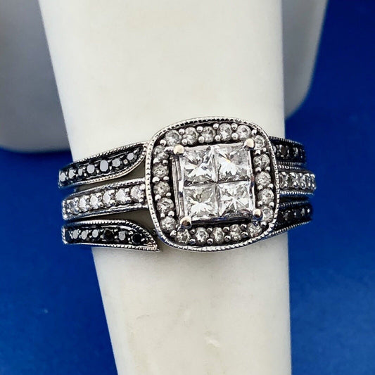 14K White Gold Princess Diamond Top Halo Black White Accent Ring W/Guard