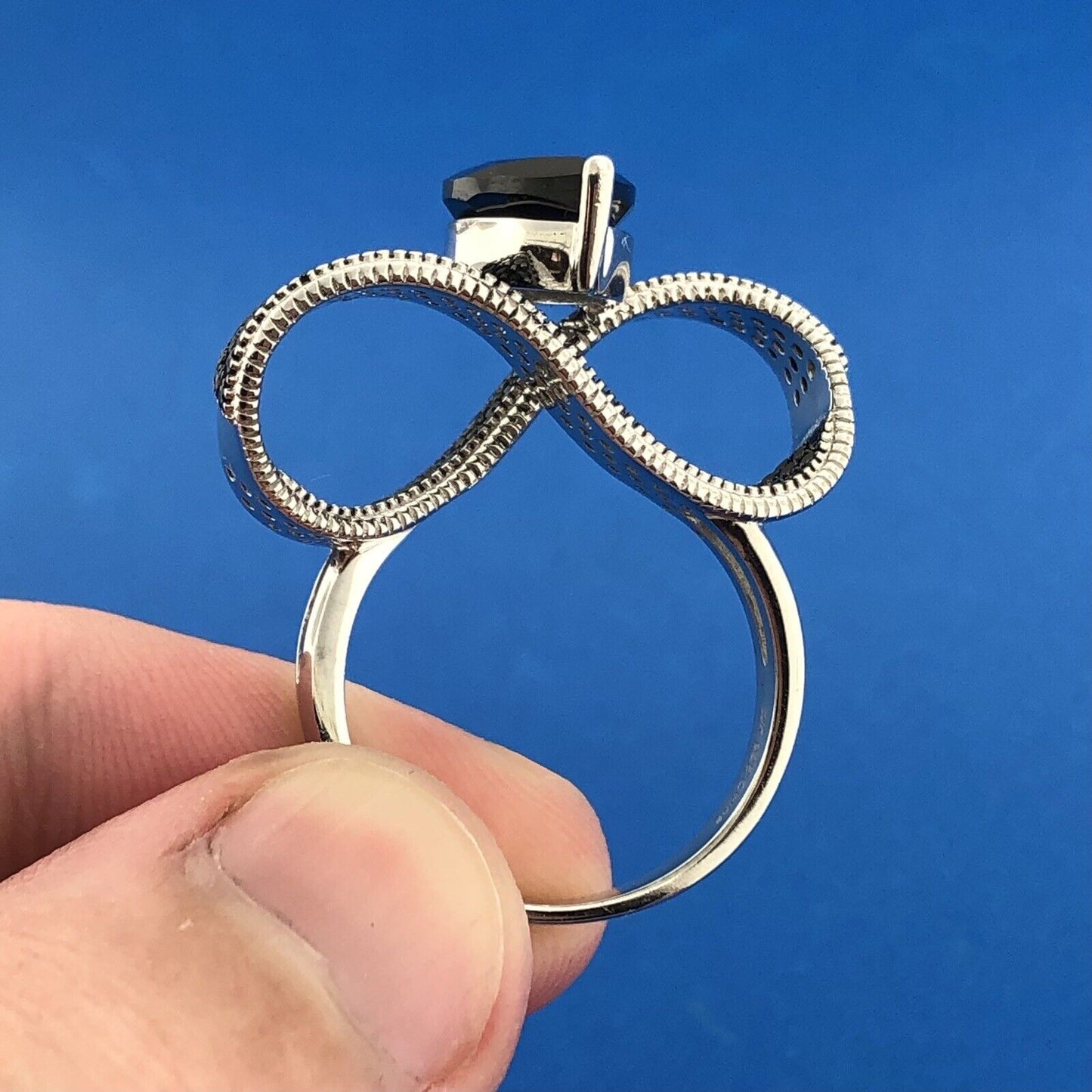 Designer DK 925 Sterling Silver Black Spinel Modernist Bow Statement Ring