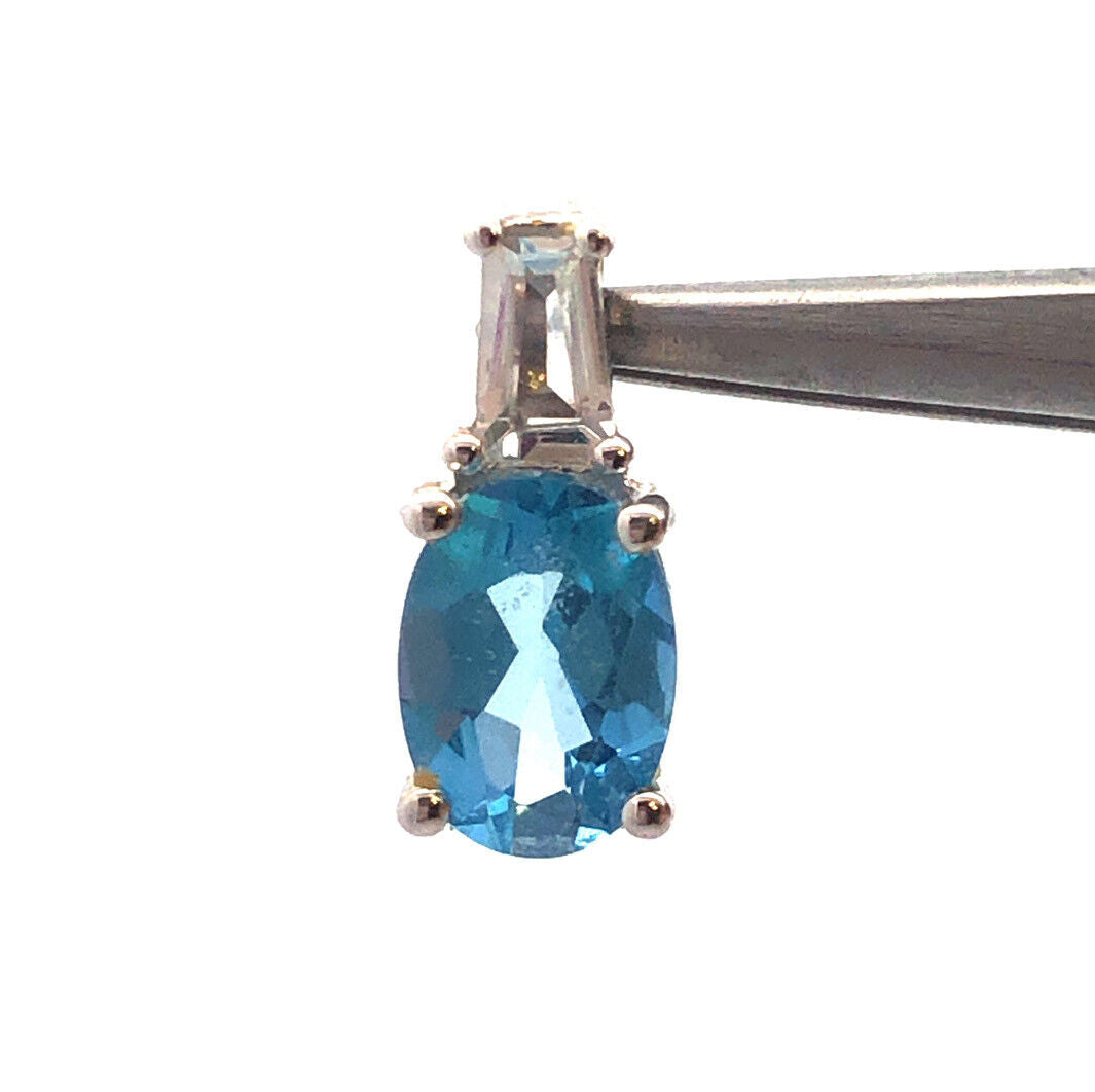 10K White Gold Oval Swiss Blue Topaz White Amethyst October Anniversary Pendant