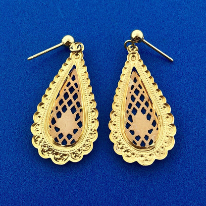 Vintage JCM 14K Yellow Rose Gold Floral Filigree Scroll Pear Dangle Earrings