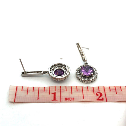 Designer Sterling Silver Round Purple Cubic Zirconia CZ Halo Dangle Earrings